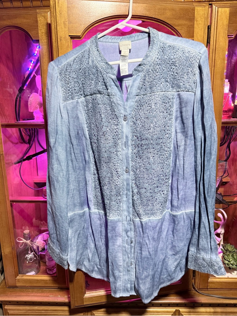 Chico's Light Blue Button-Front Crochet Panel Blouse
